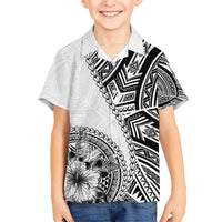 Hibiscus With White Austronesian Tattoo Pattern Kid Hawaiian Shirt - Polynesian Pride