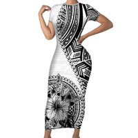Hibiscus With White Austronesian Tattoo Pattern Short Sleeve Bodycon Dress LT05 Long Dress White - Polynesian Pride
