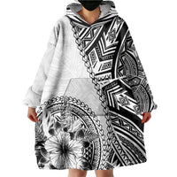 Hibiscus With White Austronesian Tattoo Pattern Wearable Blanket Hoodie - Polynesian Pride
