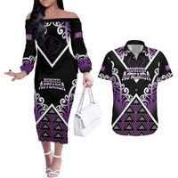 Personalised Aotearoa Moriori Couples Matching Off The Shoulder Long Sleeve Dress and Hawaiian Shirt Maori Pattern New Zealand - Polynesian Pride
