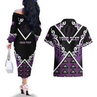 Personalised Aotearoa Moriori Couples Matching Off The Shoulder Long Sleeve Dress and Hawaiian Shirt Maori Pattern New Zealand - Polynesian Pride