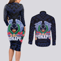 Happy Pohnpei Liberation Day Couples Matching Long Sleeve Bodycon Dress and Long Sleeve Button Shirt Polynesian Shark Turtle Motif