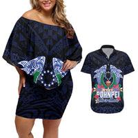 Happy Pohnpei Liberation Day Couples Matching Off Shoulder Short Dress and Hawaiian Shirt Polynesian Shark Turtle Motif