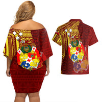 Personalized Tonga Eua Couples Matching Off Shoulder Short Dress and Hawaiian Shirt Maroon Shining Parrot Coat Of Arms With Ngatu Pattern LT05 - Polynesian Pride