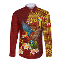 Personalized Tonga Eua Long Sleeve Button Shirt Maroon Shining Parrot Coat Of Arms With Ngatu Pattern LT05 Unisex Red - Polynesian Pride