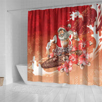 Hawaii Funny Christmas Shower Curtain Santa Surfing With Tapa Pattern - Polynesian Pride