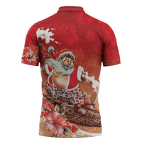 Hawaii Funny Christmas Zipper Polo Shirt Santa Surfing With Tapa Pattern - Polynesian Pride