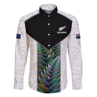 Custom New Zealand Fern Rugby Family Matching Summer Maxi Dress and Hawaiian Shirt World Cup 2023 Paua Shell Maori Pattern LT05 Dad's Shirt - Long Sleeve White - Polynesian Pride