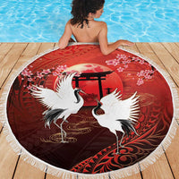 Hawaii and Japan Together Beach Blanket Polynesian Art Tattoo With Cranes And Sakura LT05 - Polynesian Pride