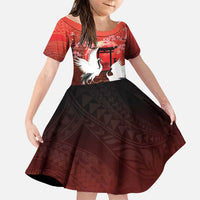 Hawaii and Japan Together Family Matching Off Shoulder Short Dress and Hawaiian Shirt Polynesian Art Tattoo With Cranes And Sakura LT05 Daughter's Dress Red - Polynesian Pride