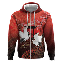 Hawaii and Japan Together Hoodie Polynesian Art Tattoo With Cranes And Sakura LT05 Zip Hoodie Red - Polynesian Pride