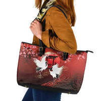 Hawaii and Japan Together Leather Tote Bag Polynesian Art Tattoo With Cranes And Sakura LT05 Red - Polynesian Pride