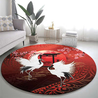 Hawaii and Japan Together Round Carpet Polynesian Art Tattoo With Cranes And Sakura LT05 - Polynesian Pride