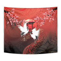 Hawaii and Japan Together Tapestry Polynesian Art Tattoo With Cranes And Sakura LT05 - Polynesian Pride