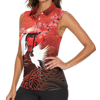 Hawaii and Japan Together Women Sleeveless Polo Shirt Polynesian Art Tattoo With Cranes And Sakura LT05 - Polynesian Pride