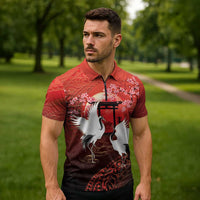 Hawaii and Japan Together Zipper Polo Shirt Polynesian Art Tattoo With Cranes And Sakura - Polynesian Pride