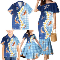 Hawaii And Japan Family Matching Mermaid Dress and Hawaiian Shirt Plumeria Lei With Koi Fish Blue LT05 - Polynesian Pride