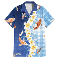 Hawaii And Japan Family Matching Off Shoulder Short Dress and Hawaiian Shirt Plumeria Lei With Koi Fish Blue LT05 Dad's Shirt - Short Sleeve Blue - Polynesian Pride