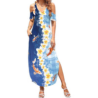 Hawaii And Japan Family Matching Summer Maxi Dress and Hawaiian Shirt Plumeria Lei With Koi Fish Blue LT05 Mom's Dress Blue - Polynesian Pride