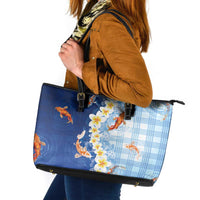 Hawaii And Japan Leather Tote Bag Plumeria Lei With Koi Fish Blue LT05 Blue - Polynesian Pride