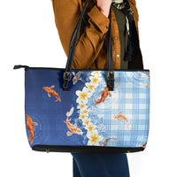 Hawaii And Japan Leather Tote Bag Plumeria Lei With Koi Fish Blue LT05 - Polynesian Pride
