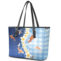 Hawaii And Japan Leather Tote Bag Plumeria Lei With Koi Fish Blue LT05 - Polynesian Pride