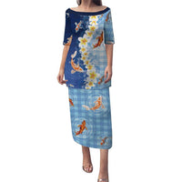 Hawaii And Japan Puletasi Plumeria Lei With Koi Fish Blue LT05 Long Dress Blue - Polynesian Pride