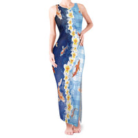 Hawaii And Japan Tank Maxi Dress Plumeria Lei With Koi Fish Blue LT05 Women Blue - Polynesian Pride