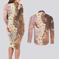 Hawaii And Japan Couples Matching Long Sleeve Bodycon Dress and Long Sleeve Button Shirt Plumeria Lei With Koi Fish Beige LT05 - Polynesian Pride