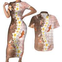 Hawaii And Japan Couples Matching Short Sleeve Bodycon Dress and Hawaiian Shirt Plumeria Lei With Koi Fish Beige LT05 Beige - Polynesian Pride