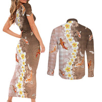 Hawaii And Japan Couples Matching Short Sleeve Bodycon Dress and Long Sleeve Button Shirt Plumeria Lei With Koi Fish Beige LT05 - Polynesian Pride