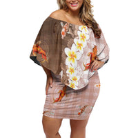 Hawaii And Japan Family Matching Off Shoulder Short Dress and Hawaiian Shirt Plumeria Lei With Koi Fish Beige LT05 Mom's Dress Beige - Polynesian Pride