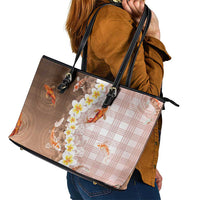 Hawaii And Japan Leather Tote Bag Plumeria Lei With Koi Fish Beige - Polynesian Pride