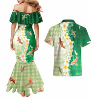 Hawaii And Japan Couples Matching Mermaid Dress and Hawaiian Shirt Plumeria Lei With Koi Fish Green LT05 - Polynesian Pride