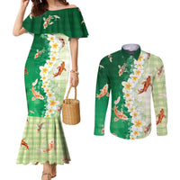 Hawaii And Japan Couples Matching Mermaid Dress and Long Sleeve Button Shirt Plumeria Lei With Koi Fish Green LT05 Green - Polynesian Pride