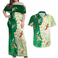 Hawaii And Japan Couples Matching Off Shoulder Maxi Dress and Hawaiian Shirt Plumeria Lei With Koi Fish Green LT05 Green - Polynesian Pride