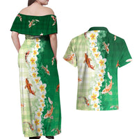 Hawaii And Japan Couples Matching Off Shoulder Maxi Dress and Hawaiian Shirt Plumeria Lei With Koi Fish Green LT05 - Polynesian Pride