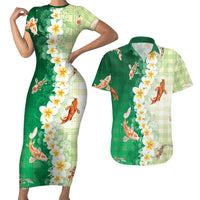 Hawaii And Japan Couples Matching Short Sleeve Bodycon Dress and Hawaiian Shirt Plumeria Lei With Koi Fish Green LT05 Green - Polynesian Pride
