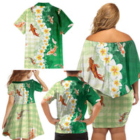 Hawaii And Japan Family Matching Off Shoulder Short Dress and Hawaiian Shirt Plumeria Lei With Koi Fish Green LT05 - Polynesian Pride