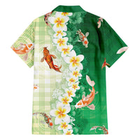 Hawaii And Japan Family Matching Off Shoulder Short Dress and Hawaiian Shirt Plumeria Lei With Koi Fish Green LT05 - Polynesian Pride