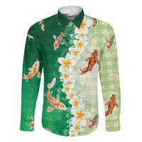 Hawaii And Japan Family Matching Summer Maxi Dress and Hawaiian Shirt Plumeria Lei With Koi Fish Green LT05 Dad's Shirt - Long Sleeve Green - Polynesian Pride