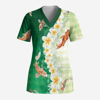 Hawaii And Japan Scrub Top Plumeria Lei With Koi Fish Green LT05 Adult Green - Polynesian Pride