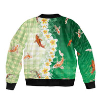 Hawaii And Japan Sleeve Zip Bomber Jacket Plumeria Lei With Koi Fish Green LT05 - Polynesian Pride