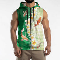 Hawaii And Japan Sleeveless Zip Hoodie Plumeria Lei With Koi Fish Green LT05 - Polynesian Pride