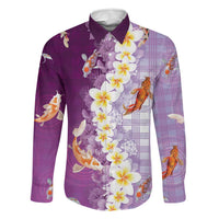 Hawaii And Japan Family Matching Off Shoulder Maxi Dress and Hawaiian Shirt Plumeria Lei With Koi Fish Purple LT05 Dad's Shirt - Long Sleeve Purple - Polynesian Pride