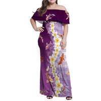 Hawaii And Japan Family Matching Off Shoulder Maxi Dress and Hawaiian Shirt Plumeria Lei With Koi Fish Purple LT05 Mom's Dress Purple - Polynesian Pride
