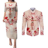 Siva Samoa Couples Matching Puletasi and Long Sleeve Button Shirt Samoan Taupou With Polynesian Pattern LT05 Beige - Polynesian Pride