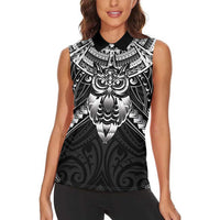 New Zealand Morepork Women Sleeveless Polo Shirt Maori Pattern Black