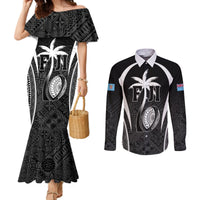 Custom Fiji Rugby Couples Matching Mermaid Dress and Long Sleeve Button Shirt Fijian Warrior Black LT05 Black - Polynesian Pride