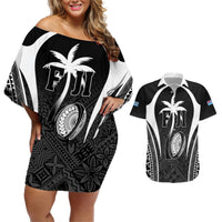 Custom Fiji Rugby Couples Matching Off Shoulder Short Dress and Hawaiian Shirt Fijian Warrior Black LT05 Black - Polynesian Pride